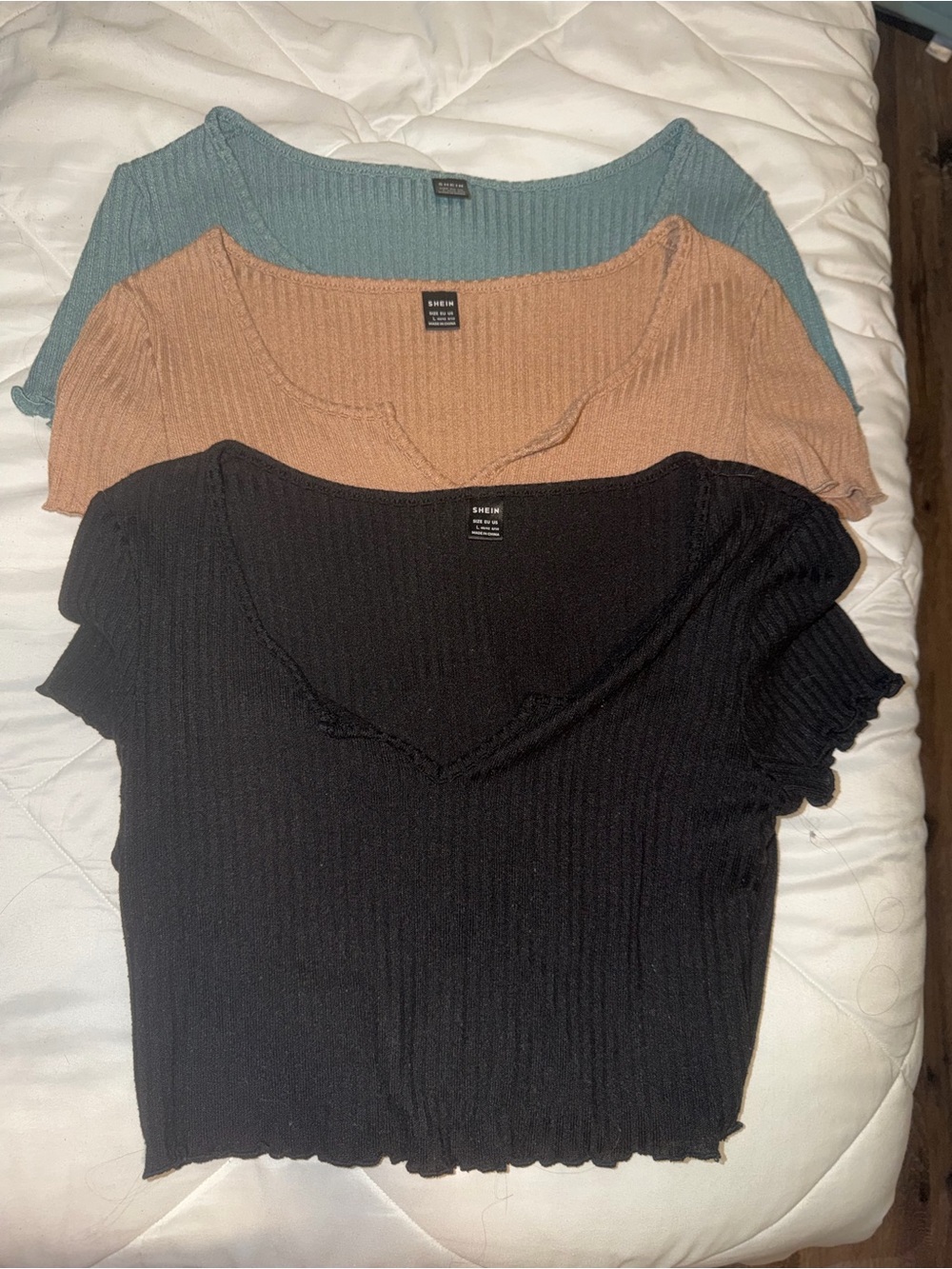 SHEIN Black, Tan & Teal Ribbed Short Sleeve Crop Tops - 3 Pack